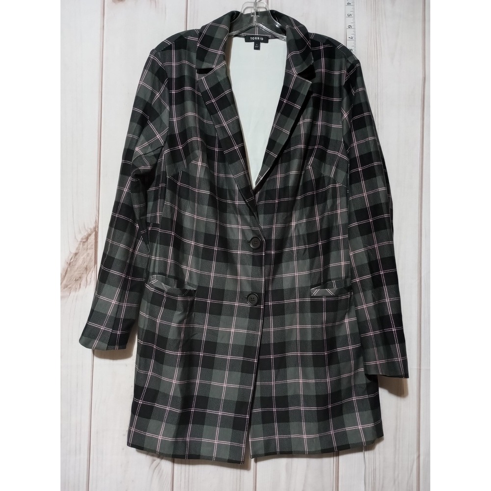 Torrid Blazer Womens 1 Black Gray‎ Plaid Two Button Longline Jacket Pockets Chic